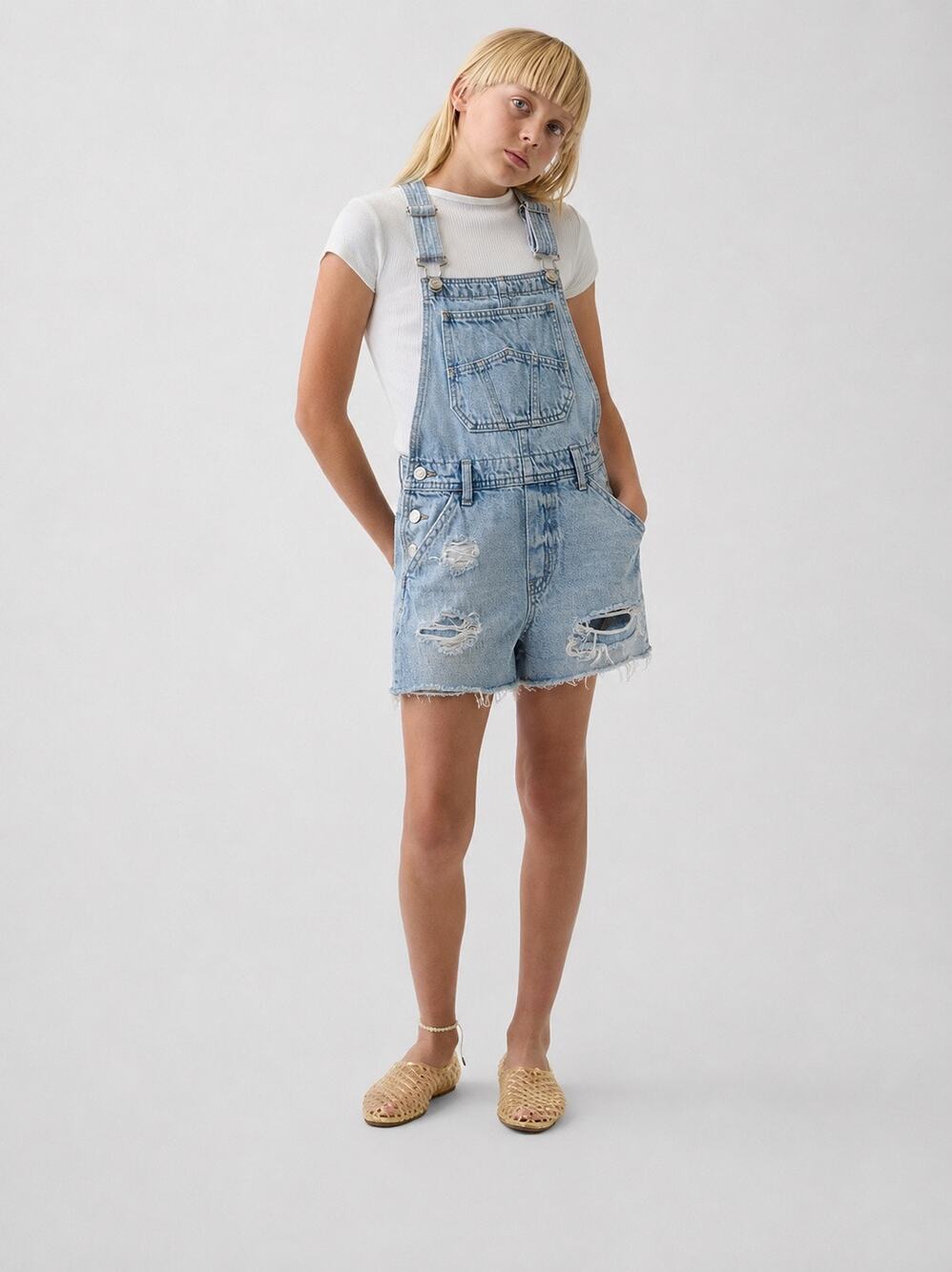 GAP Kids Distressed Denim Short Overalls - Girls' M (8-9Y)
